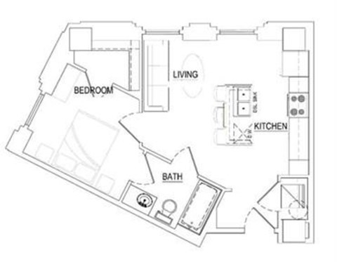 Floor plan for 1 bed, 1 bath, 534 sqft